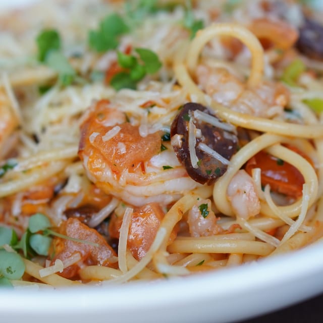 PRAWN AND CHORIZO BUCATINI..