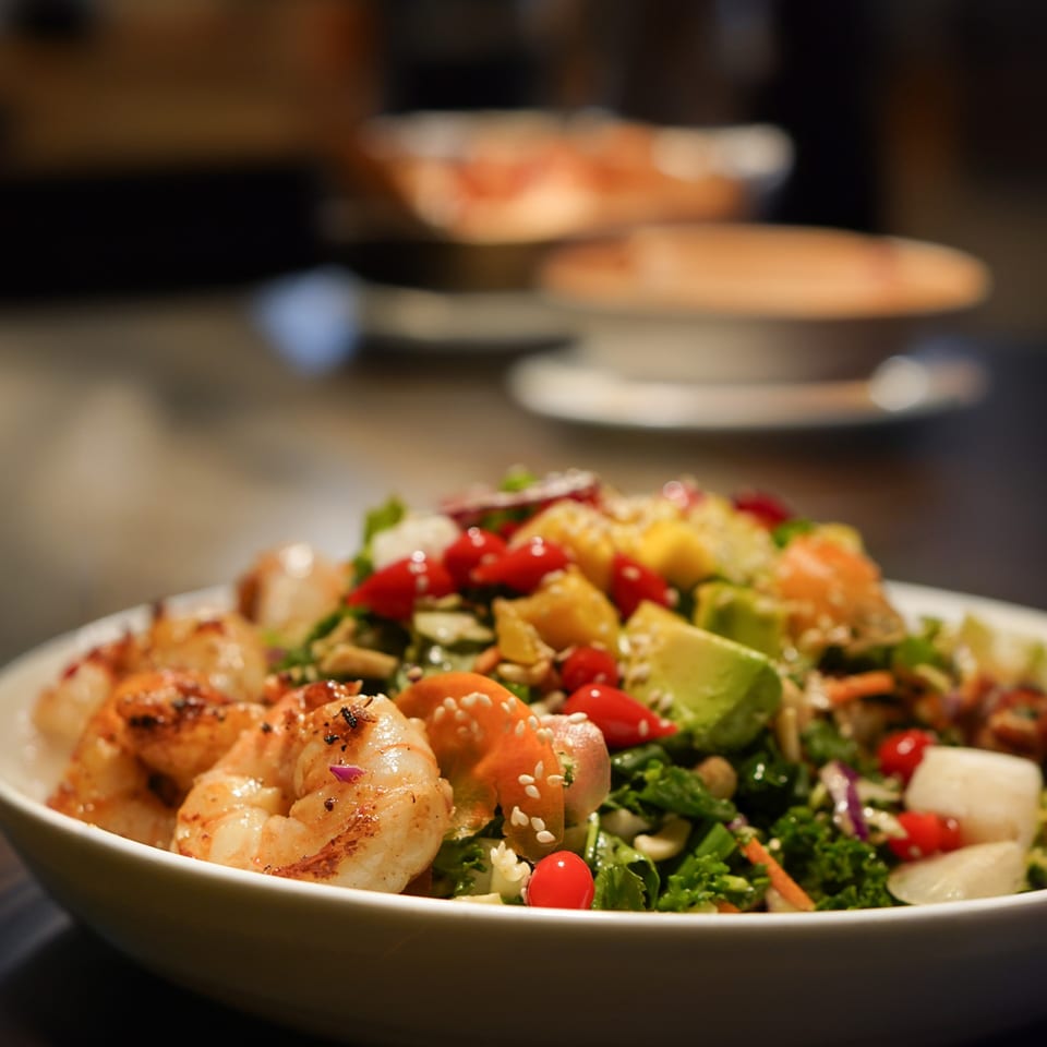 A vibrant La Condesa Eatery salad with grilled shrimp, avocado, cherry tomatoes, and sesame seeds.