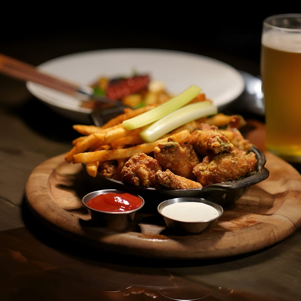 La Condesa Eatery's fried chicken wings and french fries with celery sticks, ketchup, and ranch.