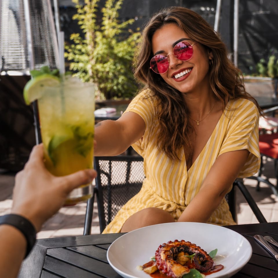 A smiling woman in red sunglasses and yellow dress clinks drinks with another person at an outdoor restaurant.