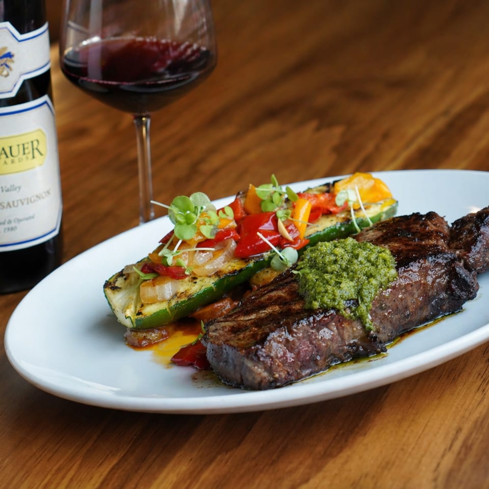 Grilled steak with green sauce, roasted zucchini, bell peppers, and a glass of red wine.