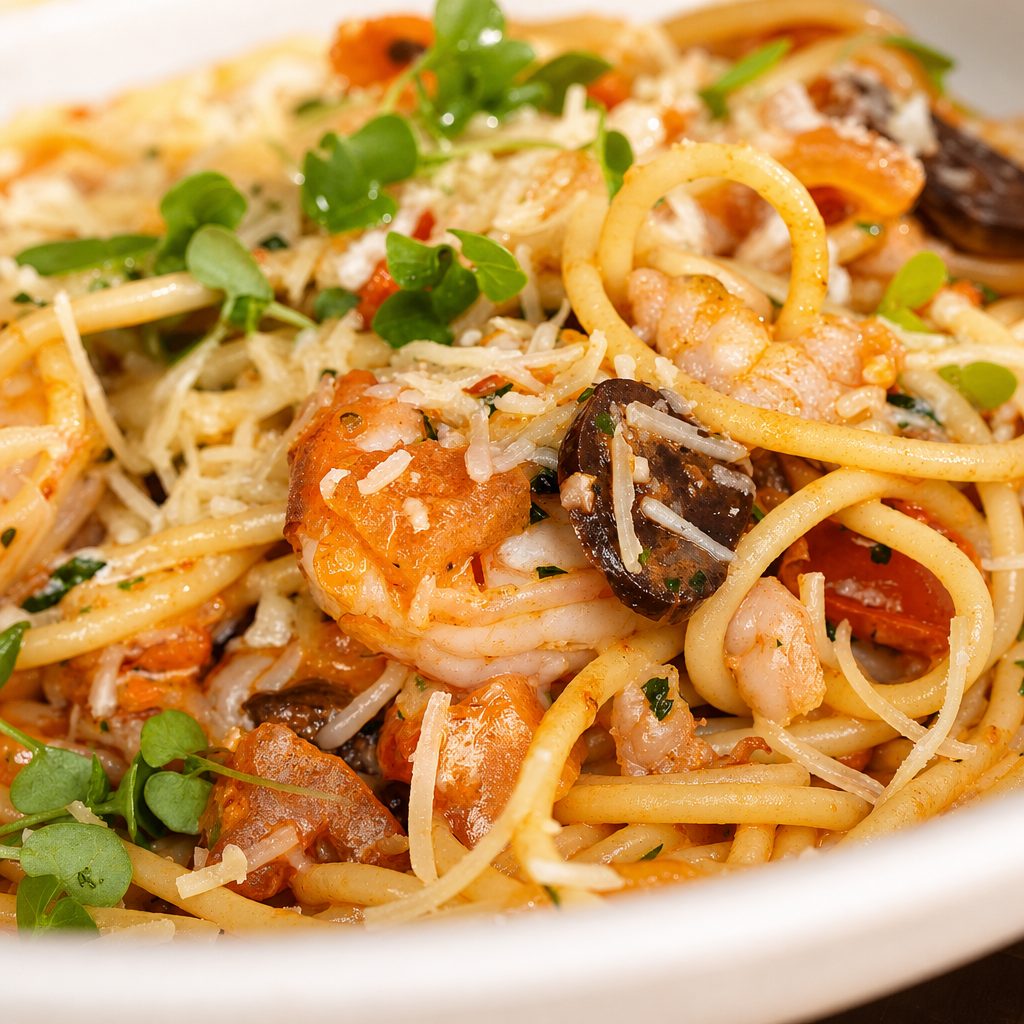 PRAWN AND CHORIZO BUCATINI..